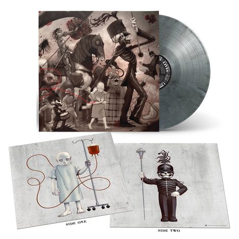 "Side One" zeigt eine Figur mit Infusionsständer. "Side Two" zeigt eine Figur in Marschuniform. Buntes, düsteres Artwork.