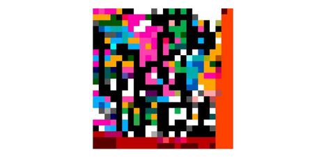 Bunte, verpixelte Illustration mit unleserlichen Buchstaben und zufälligen Farbfeldern.