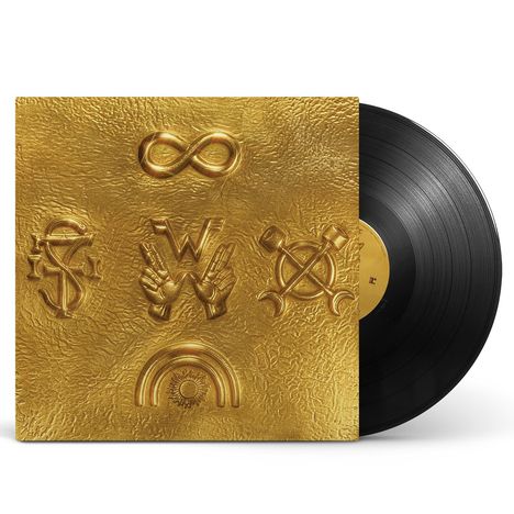 Auf goldenem Hintergrund sind ein Unendlichkeitszeichen, "W", Hände, Werkzeuge und ein Regenbogen geprägt. Schwarze Schallplatte.