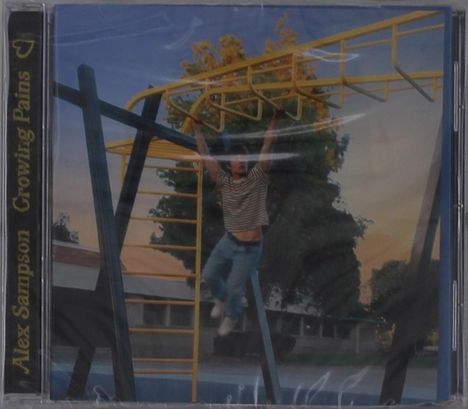 Text: "Alex Sampson Growing Pains". Ein Jugendlicher schwingt sich an einer gelben Kletterstange auf einem Spielplatz.
