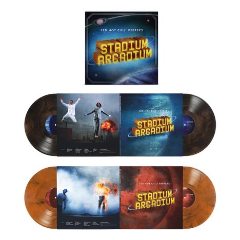 "Stadium Arcadium" in gelben Buchstaben. Es ist ein Album von Red Hot Chili Peppers mit zwei Schallplatten in kosmischem Design.