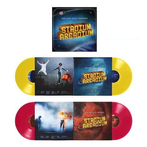 "Stadium Arcadium" in großen, gelben Buchstaben. Gelbe und rote Vinyl-Schallplatten mit Illustrationen von Menschen und Explosionen.
