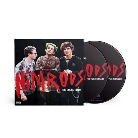 Text: "NIMRODS", "THE SOUNDTRACK", "a GREEN DAY comedy". Drei Personen mit lässiger Kleidung, zwei CDs im Hintergrund.