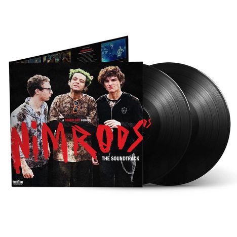 „NIMRODS: THE SOUNDTRACK“ in roter Schrift, darunter drei Personen in lässiger Kleidung, zwei schwarze Vinylplatten sichtbar.