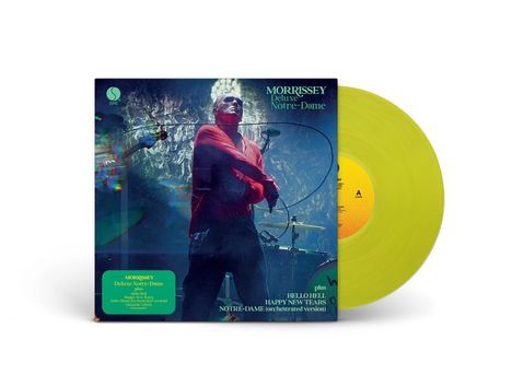 "MORRISSEY Deluxe Notre-Dame" und "Hello Hell, Happy New Tears" auf grünem Sticker; gelbe Vinylschallplatte.