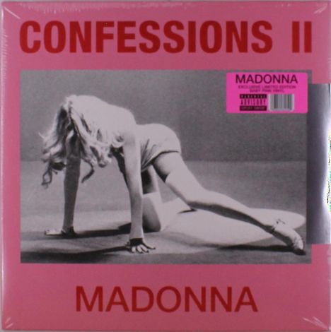 "CONFESSIONS II" und "MADONNA" auf rosa Hintergrund; schwarz-weißes Bild einer Person in Turnpose.
