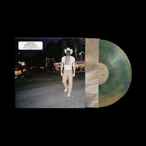 Texte: "Orville Peck", "Appaloosa", "Tangerine and Sea Blue Galaxy Vinyl". Person mit Cowboyhut und Fransenmaske auf Straße.