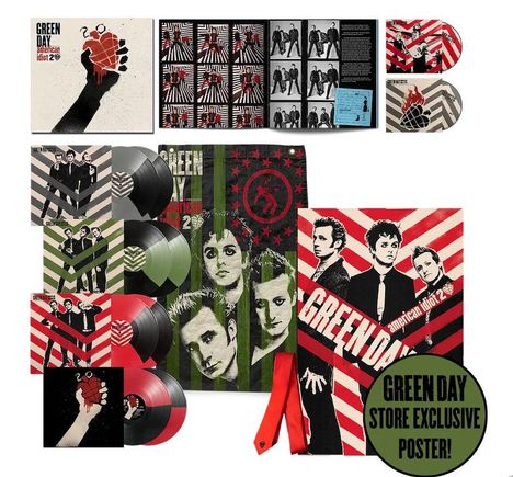 GREEN DAY American Idiot 20. Mehrere Schallplatten und Poster mit einem schwarz-rot-grünen Motiv der Band.