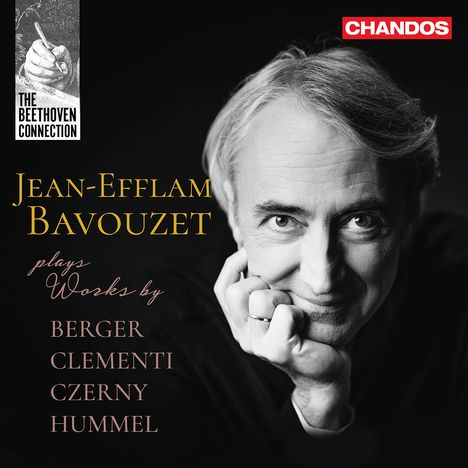Oben links: "THE BEETHOVEN CONNECTION". Groß "JEAN-EFFLAM BAVOUZET". Unten: "BERGER, CLEMENTI, CZERNY, HUMMEL". Elegantes Schwarzweißfoto eines Mannes.