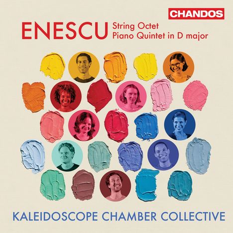 Text: ENESCU, String Octet, Piano Quintet in D major, KALEIDOSCOPE CHAMBER COLLECTIVE.  
Illustration bunter Farbklekse und Porträts.