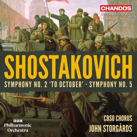 Text "Shostakovich Symphony No. 2 'To October' Symphony No. 5" über historischen Personen mit roten Fahnen.