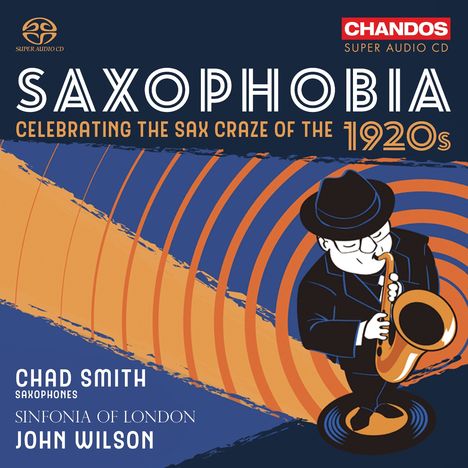 SAXOPHOBIA, Celebrating the Sax Craze of the 1920s. Illustration: Person spielt Saxophon, umgeben von konzentrischen Kreisen.