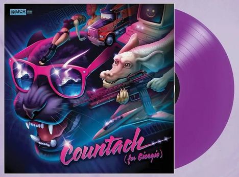 "Countach (for Giorgio)" in pinker Schrift, Illustration mit Tiger, Frau, Hund, Auto, LP in Magenta.