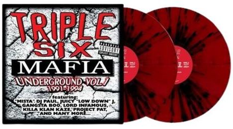 Text vorne: "Triple Six Mafia - Underground Vol. 1 1991-1994." Roter, gesprenkelter Schallplattenhintergrund.