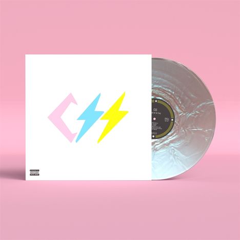 Text "CSS" in pastellfarbenen Buchstaben. Eine transparente Vinyl-Schallplatte auf rosa Hintergrund.