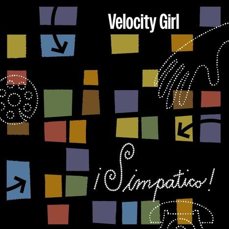 Texte: "Velocity Girl", "¡Simpatico!". Bunte Quadrate und Pfeile auf schwarzem Hintergrund. Punkte formen Linien und Muster.