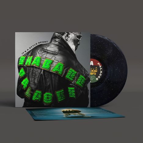 Text: "IT'S A STYLE SPORT", "SHABAZZ PALACES"; Person in Lederjacke mit grünen Buchstaben darauf; Vinyl-LP daneben.