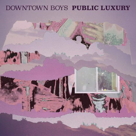 Text: "Downtown Boys Public Luxury". Illustration mit abstrakten rosa und violetten Formen und einem Fenster.