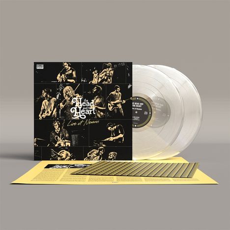 Text: "The Head and the Heart: Live at Neumos." Zwei durchsichtige Vinylplatten und ein gelbes Blatt mit Infos.