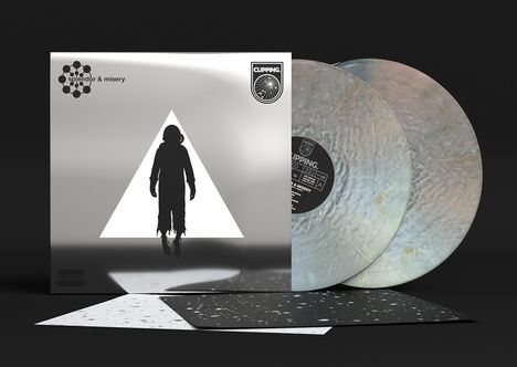 „splendor & misery“ und „CLIPPING.“ sind Texte. Eine Silhouette schwebt in einem Dreieck. Zwei Vinylplatten daneben.