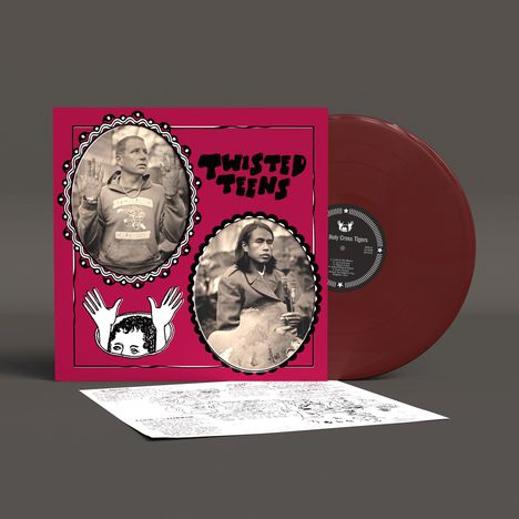 "TWISTED TEENS," zwei Porträts in Ovalen, rotes Vinyl, schwarz-weiß Fotos, rosafarbener Hintergrund, gezeichnete Hände.