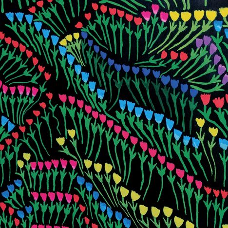 Eine Illustration mit bunten Blumenreihen und grünem Laub auf schwarzem Hintergrund.