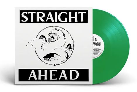 "STRAIGHT AHEAD" steht in Weiß auf schwarzem Hintergrund. In der Mitte: Zeichnung eines Löwen. Grüne Schallplatte.