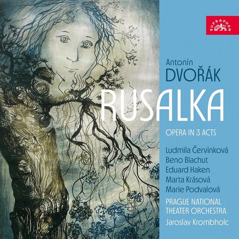 Titel: "RUSALKA" von Antonín Dvořák. Oper in 3 Akten. Illustration: Frauengesicht im Baum mit Zweigen.