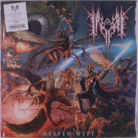 "HEAVEN WEPT" steht unten. Oben rechts ein komplexes, zackiges Logo. Illustration mit geflügelten Kreaturen im Kampf.
