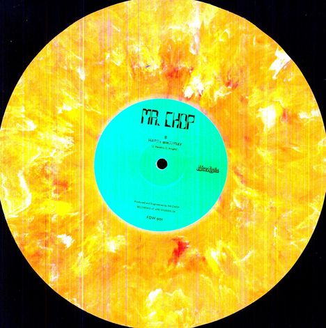 Text: „MR. CHOP“, „B HAPPY BIRTHDAY“. Gelb-marmorierte Vinyl-Schallplatte, türkises Zentrum.