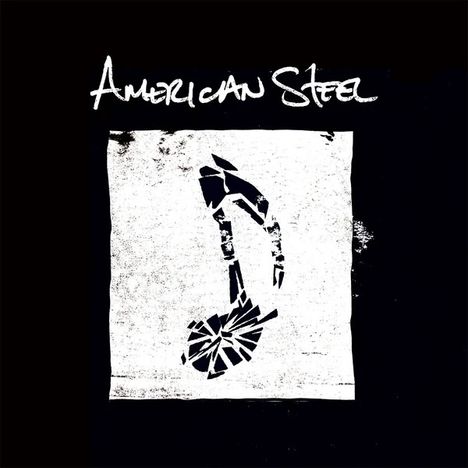 Text "American Steel". Mitte: Weiße Skulptur aus abstrakten Formen auf schwarzem Hintergrund.