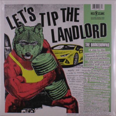 "LET'S TIP THE LANDLORD", ein Wolfsmensch hebt Hanteln vor einem Geländewagen. Text beschreibt finanzielle Dominanz.