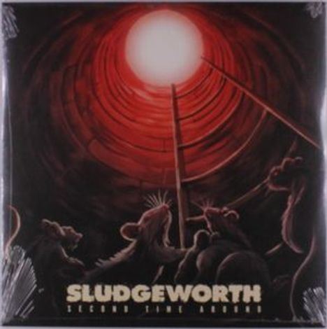 "SLUDGEWORTH Second Time Around" steht im unteren Bereich. Illustration: Ratten blicken aus einem Tunnel zu einem hellen Licht.