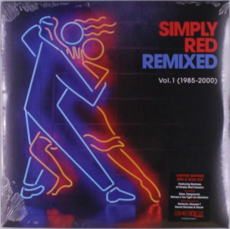 "Simply Red Remixed Vol. 1 (1985-2000)" in roten und blauen Buchstaben. Neon-Illustration eines tanzenden Paars.