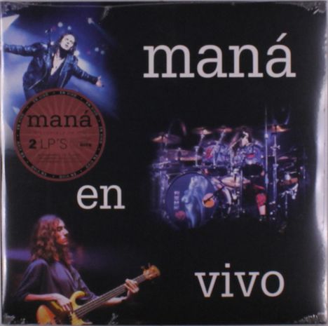 Text: "maná en vivo." Liveband mit Sänger, Schlagzeuger und Bassist auf einer Bühne.