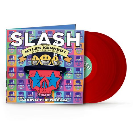 "SLASH", "featuring Myles Kennedy and the Conspirators", "LIVING THE DREAM" auf farbigem Hintergrund mit Totenkopf-Illustration.