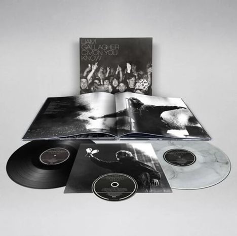 "Liam Gallagher C'mon You Know" auf einer Schallplatten-Box mit Bildern von Live-Auftritten und zwei CDs.