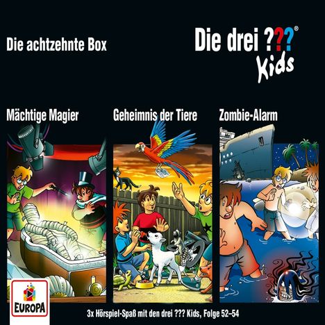 Oberer Text: "Die achzehnte Box", "Die drei ??? Kids". 
Illustration mit Abenteuern und Kindern.