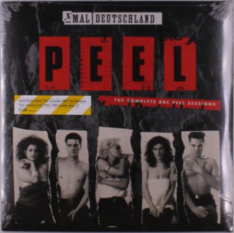Text: Xmal Deutschland, PEEL, The Complete BBC Peel Sessions.  
Schwarz-weiß Fotos von fünf Personen in kontrastreicher Gestaltung.