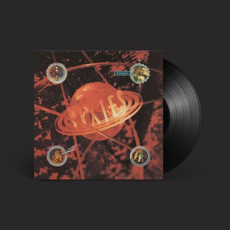 Text: "Pixies", "Bossanova".  
Illustration: Roter Planet im Weltraum, von Linien umkreist. Vinyl-Platte links im Bild.