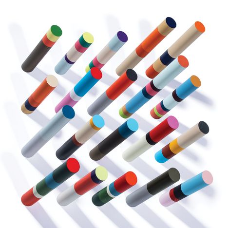 Bunte, vertikal stehende Zylinder in verschiedenen Farbkombinationen auf weißem Hintergrund.