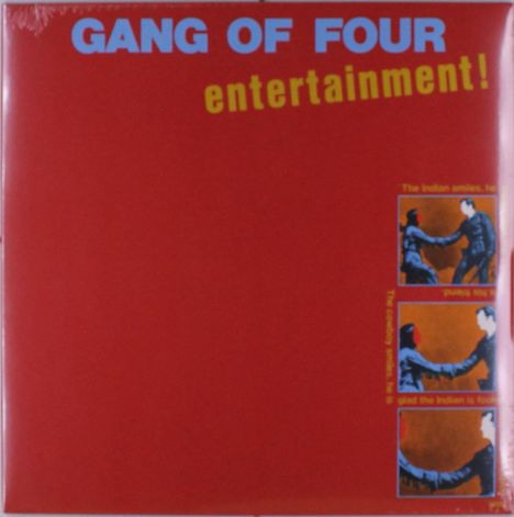 „GANG OF FOUR“ steht oben in Blau, „entertainment!“ darunter in Gelb. Illustration: Zwei Comic-Stil-Panels mit Händedruck.