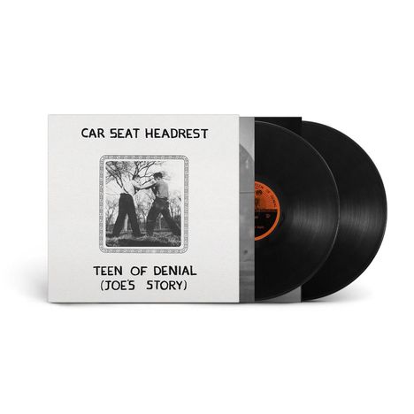 Text: "CAR SEAT HEADREST", "TEEN OF DENIAL (JOE'S STORY)". Zwei schwarze Vinylplatten, Schwarz-Weiß-Foto von zwei Personen.