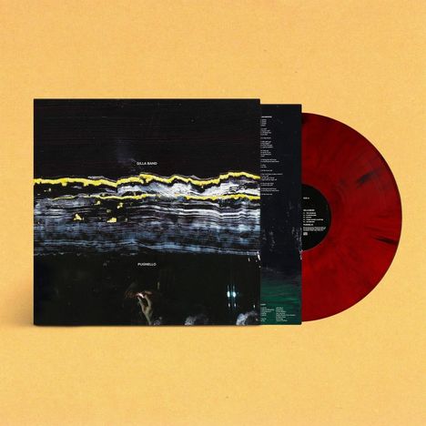 Vorderseite mit "Gilla Band" und "Postmillo". Darunter wellenförmige Linien in Gelb und Blau. Rote Vinyl-Schallplatte.