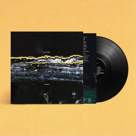 „Gilla Band – Pugnoello“ auf einem Albumcover mit abstrakter Kunst. Daneben eine schwarze Vinyl-Schallplatte.