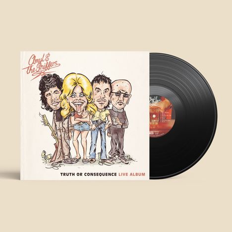 „Truth or Consequence Live Album“. Illustration von vier Cartoon-Figuren und einer Schallplatte.