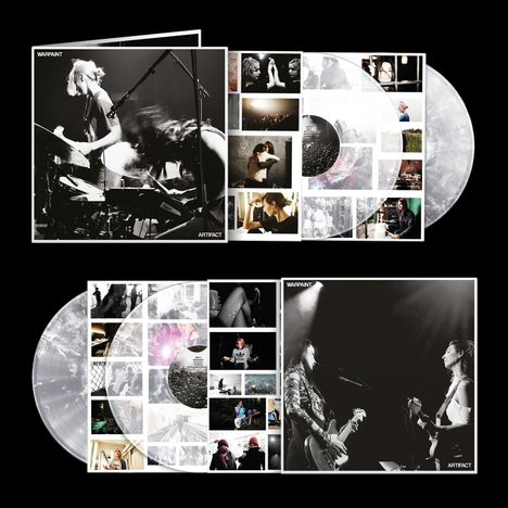 Collage mit "WARPAINT" und "ARTIFACT", Schwarz-Weiß-Konzertbildern und verschiedenen Fotos hinter transparenten Schallplatten.