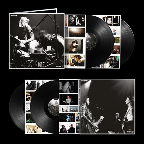 "Warpaint", "ARTIFACT". Schwarz-weiße Cover mit Bandfotos, Vinyl-Schallplatten und kleinen Farbbildern von Menschen.