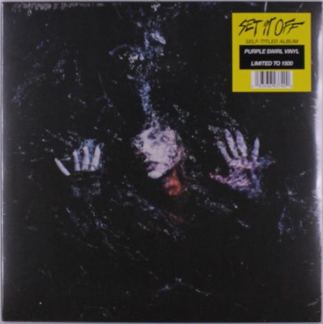 Gelber Sticker: "SET IT OFF, SELF-TITLED ALBUM, PURPLE SWIRL VINYL, LIMITED TO 1500". Dunkles, mysteriöses Cover, Gesicht und Hände sichtbar.