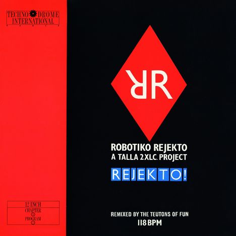 ROBOTIKO REJEKTO, A TALLA 2XLC PROJECT, REJEKTO! Remixed by The Teutons of Fun, 118 BPM. Schwarzer Hintergrund mit rotem Rautenmuster.